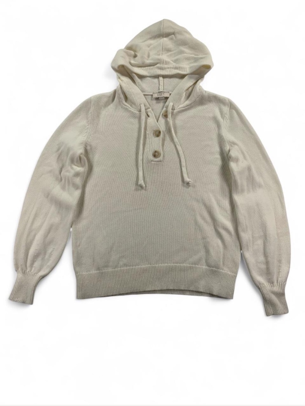 LOFT Henley Hoodie Sweater - Cream 100% Cotton Cozy Neutral Casual Size XS